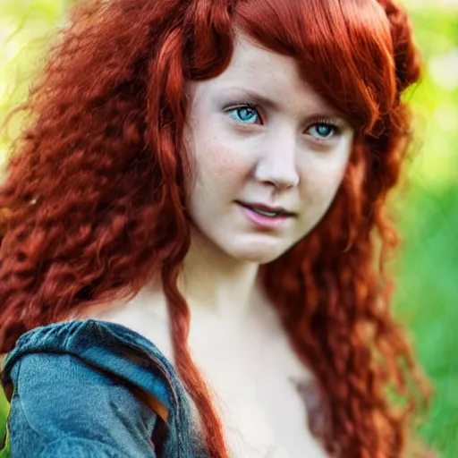 Image similar to woman with long curly red hair in villager cosplay from super smash brothers video game. relaxed. realistic photo. cosplay photoshoot. high detail. convention photo.