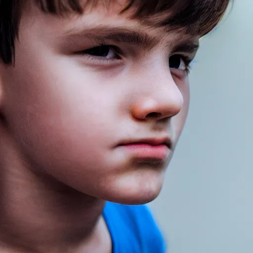 Image similar to a closeup portrait of a boy with brown hair and brown eyes. Extremely clear and high quality eyes with reflection, realistic face and details, clear lips and high quality