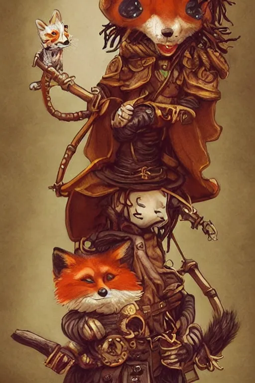 Prompt: cute little anthropomorphic foxy witch wearing a cape and a dreadlocks, tiny, small, miniature fox, baby animal, short, pale woodcut armor, cute and adorable, pretty, beautiful, steampunk character art portrait, matte fantasy painting, DeviantArt Artstation, by Jason Felix by Steve Argyle by Tyler Jacobson by Peter Mohrbacher, cinematic lighting