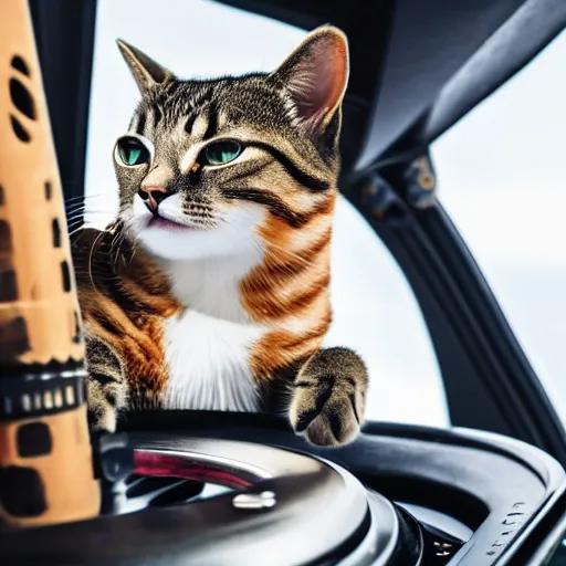 Prompt: A cat piloting an airplane, cat is holding the steering wheel, photography