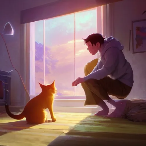 Prompt: a cat exists next to a man. cat and man in a room. animal. digital art. artstation. realistic. vibrant. illustration. in the style of pixar movie. octane render. art by makoto shinkai, stanley artgerm lau, wlop, rossdraws. volumetric lighting.