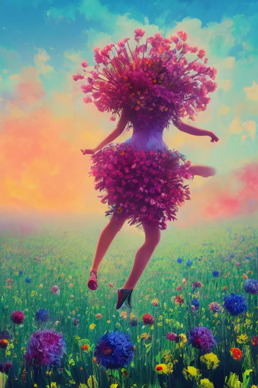 Image similar to closeup, giant flower head, girl in suit jumping in field of flowers, surreal photography, sunrise, blue sky, dramatic light, impressionist painting, digital painting, artstation, simon stalenhag