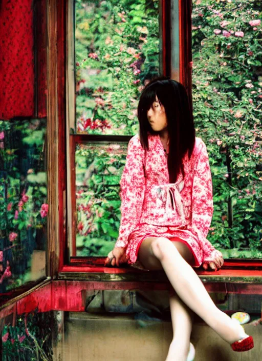 Prompt: photography girl looking sitting next to window by mika ninagawa