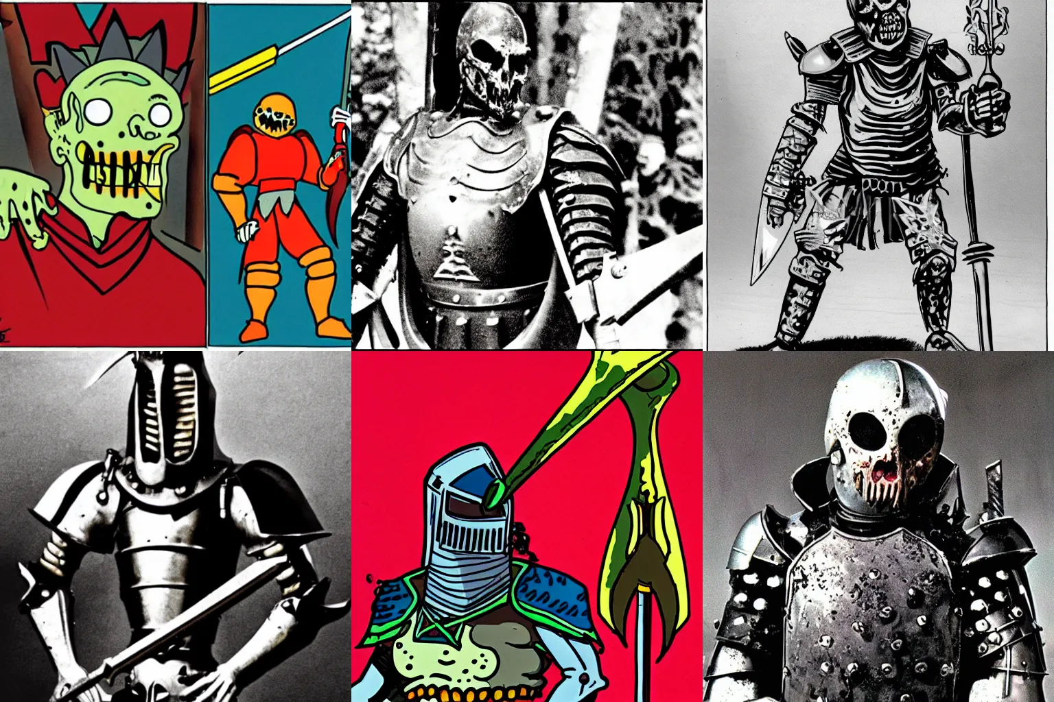 Prompt: Zombie knight | Halberd and breastplate | Cartoon from 1980s | Still from television show