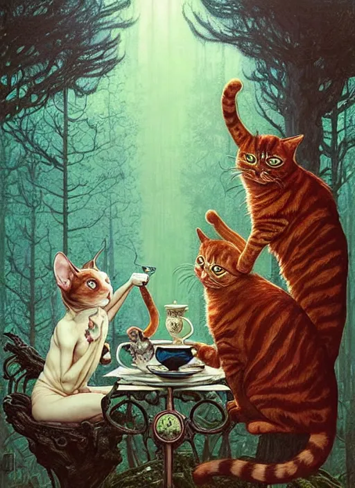 Image similar to cat having tea with a sorceress at a shrine in the woods gorgeous lighting, lush forest foliage blue sky a hyper realistic painting by chiara bautista and beksinski and norman rockwell and greg rutkowski weta studio, and lucasfilm