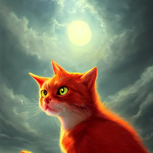 Image similar to portrait of a beautiful red cat celestial background, fantasy, highly detailed, cinematic lighting, digital art painting by artgem and greg rutkowsk, trending on artstation, very very beautiful, very attractive