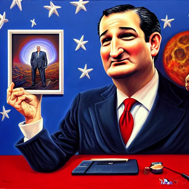 Image similar to an oil on canvas portrait painting of ted cruz doing a speech about the republican party, surrealism, surrealist, cosmic horror, rob gonsalves, high detail