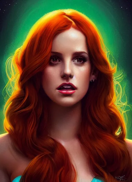 Image similar to full body portrait of teenage cheryl blossom, bangs, green eyes, mischievous expression, red hair, sultry smirk, bangs and wavy hair, intricate, elegant, glowing lights, highly detailed, digital painting, artstation, concept art, smooth, sharp focus, illustration, art by wlop, mars ravelo and greg rutkowski