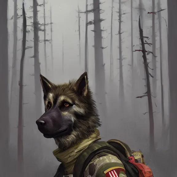 Image similar to Norwegian forest war action portrait of furry anthro anthropomorphic german shepard head animal person fursona wearing clothes modern soldier tactical digital art by Greg Rutkowski, Simon Stalenhag, trending on Artstation, CGSociety