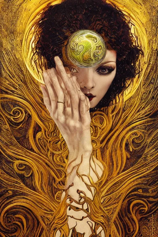 Image similar to Intermittent Chance of Chaos Muse by Karol Bak, Jean Deville, Gustav Klimt, and Vincent Van Gogh, beautiful inspiring portrait, enigma, Loki's Pet Project, destiny, Poe's Angel, fate, Surreality, inspiration, muse, otherworldly, fractal structures, arcane, ornate gilded medieval icon, third eye, spirals