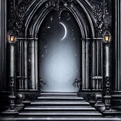 Prompt: dark etherial gate portal to a different dark world, midnight, quiet and serene, high detail, mystery, dramatic