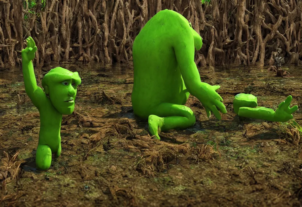 Prompt: big green man living in a swamp. his house is little and made of wood. he takes a bath in the mud. high quality 3 d render, dreamworks animated film style. 5 0 mm lens