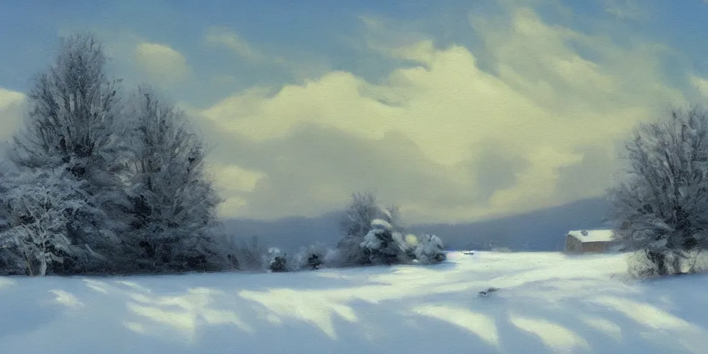 Image similar to painting a snowy landscape art by brom gerald, 8 k