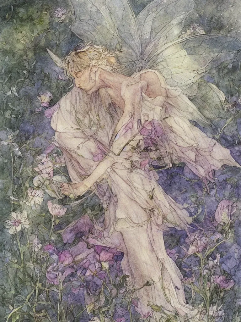 Image similar to annotated study of a flower fairy, illustration, watercolor, alan lee, detailed, pretty, ethereal,