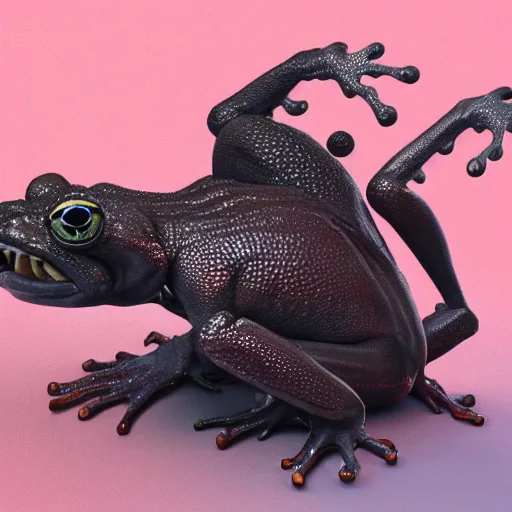 Prompt: this amphibian creature is unlike any other. it is massive, with a long, thick body and four powerful legs. its skin is a deep, glossy black, and its eyes are a bright, glowing red 3 d octane render, artstation, andrew krivulya