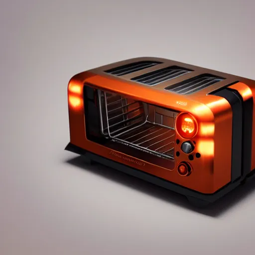 Image similar to terminator toaster oven robot, mechanical, machine, octane render, concept art, sharp focus, hyper - realistic, intricate, detailed, eduard pronin, luka mivsek, ruan jia, orange tint