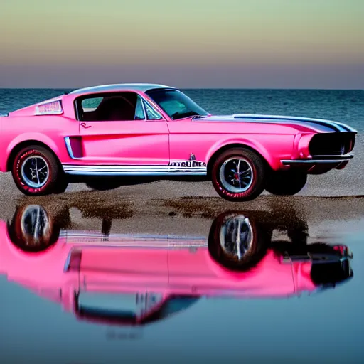 Prompt: long shot of 1967 Ford mustang Shelby GT500 in pink color at sunset in front a beach, 8k, amazing reflection of the beach on the car, UHD Photography