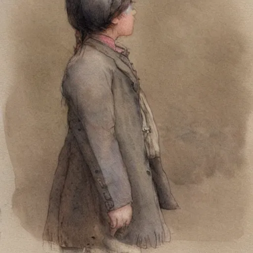 Image similar to portrait of a child standing and facing front looking strait ahead a muted color watercolor sketch of story book character ifrom the book Baltimore & Redingote by Jean-Baptiste Monge of an old man in the style of by Jean-Baptiste Monge that looks like its by Jean-Baptiste Monge and refencing Jean-Baptiste Monge