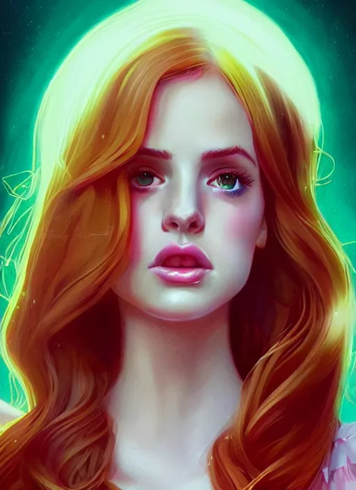 Image similar to full body portrait of teenage cheryl blossom, bangs, green eyes, sultry expression, red hair, sultry smirk, bangs and wavy hair, pink skirt, intricate, elegant, glowing lights, highly detailed, digital painting, artstation, concept art, smooth, sharp focus, illustration, art by wlop, mars ravelo and greg rutkowski