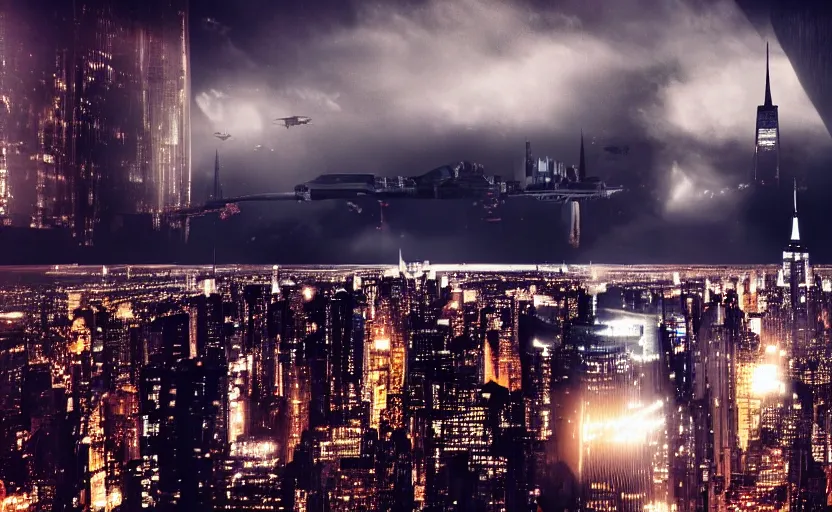 Image similar to a spaceship designed by peter schreyer flying over NYC in style of blade runner, 8K