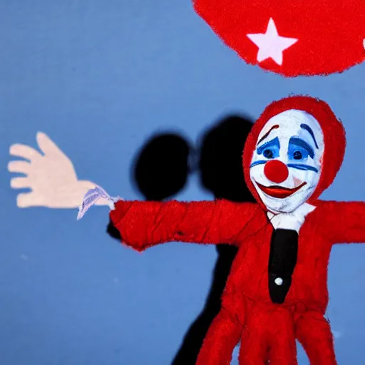 Image similar to string puppet of a president with clown makeup in a podium and a human shadow behind