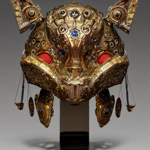 Image similar to masterpiece sculpture of an ornate bejeweled robot cat head, by annie swynnerton and diego rivera and nicholas roerich and jean delville, symbolist, dramatic lighting, god rays, elaborate geometric ornament, art brut, rich colors, smooth, sharp focus, extremely detailed, adolf wolfli and ( donato giancola )