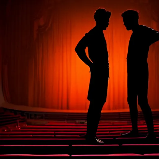 Prompt: two male silhouettes on a big theatre stage, grim