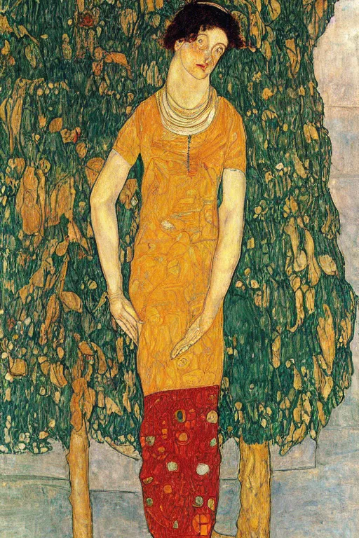 Prompt: girl waer detailed golden arabesque dress with a big tree palm in persian pot, painting by egon schiele