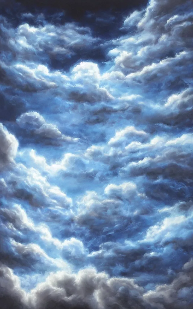 Prompt: blue and white night dramatic clouds over black background, airbrush fantasy 80s, realistic detailed