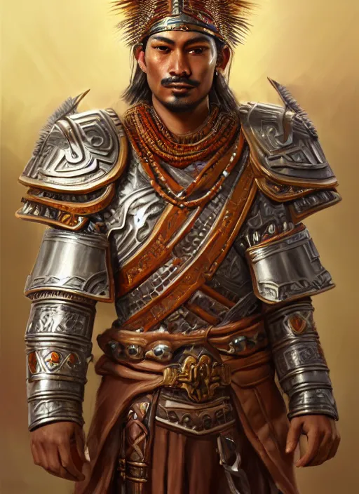 Image similar to smart breadtai warlord, closeup portrait, historical hero, ethnic group, tai costume, bronze headdress, intricate, with leather armor cross on chest, cotton textile, elegant, loin cloth, highly detailed, oil painting, artstation, concept art, matte, sharp focus, illustration, hearthstone, art by earl norem