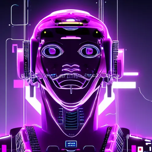 Image similar to Head of a robot with purple glowing eyes in cyberpunk neon Tokyo in style of Tsutomu Nihei. Cyberpunk, vertical symmetry, 8K, Highly Detailed, Intricate.