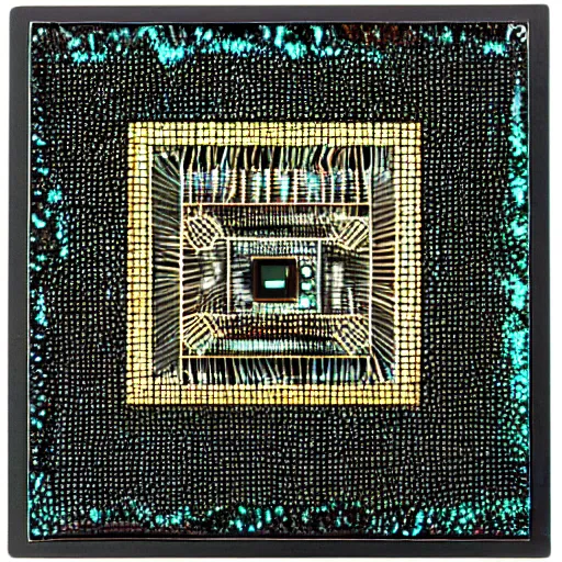 Prompt: black cube on a black background with intricate iridescent mother - of - pearl inlay art in the style of a circuit board