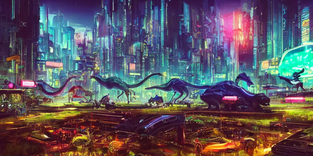 Image similar to a beautiful painting of a lush cyberpunk city with a single dinosaur grazing in the foreground by ridley scott, vivid colours, cinematic lighting, fine details, 8 k | | digital artwork made by greg rutswork, anna dittmann and lois van barlee, symmetrical neon rim light, anatomically correct