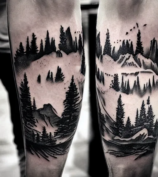 Image similar to creative double exposure effect tattoo design sketch of margot and beautiful mountains and nature, mountain scenery, realism tattoo, in the style of matteo pasqualin, amazing detail, sharp