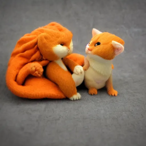 Prompt: tiny dragon cuddling an orange tabby cat, cozy, realistic