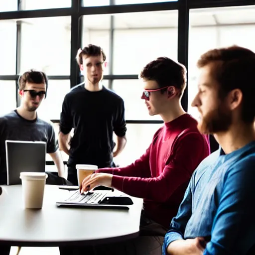 Prompt: group of young hackers having coffee, bright light, office environment
