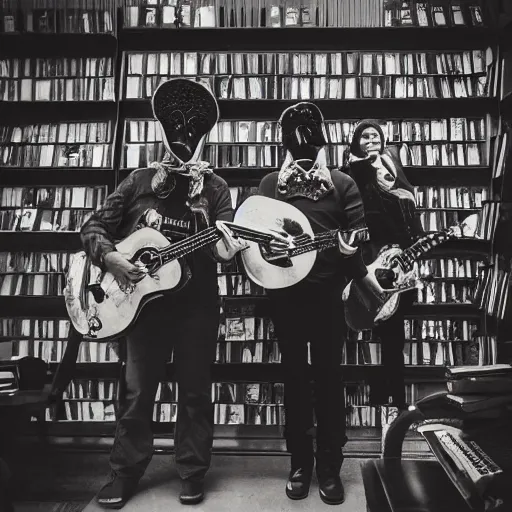 Image similar to “a portrait of an alien mariachi band in a book store, Sigma 24mm f/8”