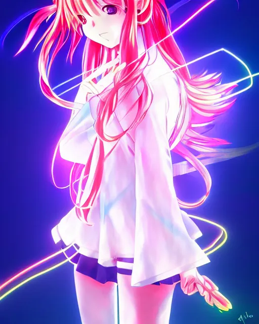 Image similar to anime style, vivid, expressive, full body, 4 k, painting, a cute magical girl idol with a long wavy hair wearing a kimono outfit, correct proportions, stunning, realistic light and shadow effects, neon lights, studio ghibly makoto shinkai yuji yamaguchi