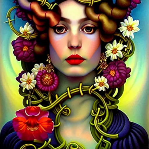 Image similar to dynamic composition, a painting of woman with hair of ( summer flowers )!! and vines wearing ornate earrings, ornate gilded details, a surrealist painting by tom bagshaw and jacek yerga and tamara de lempicka and jesse king, featured on cgsociety, pop surrealism, surrealist, dramatic lighting, wiccan, pre - raphaelite