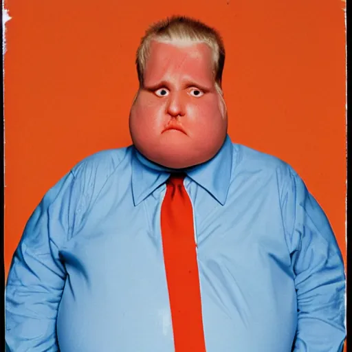 Image similar to photograph of a tall, angry, slightly obese man in his mid 7 0's, with blonde hair and an orange face, wearing a dark blue suit, a white shirt, and a red tie