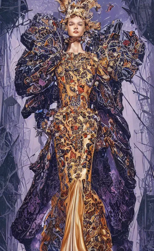 Image similar to fashion model walking down a catwalk, elaborate dress by alexander mcqueen, art by michael whelan and chris moore and howard david johnson and tim white and dan giancola