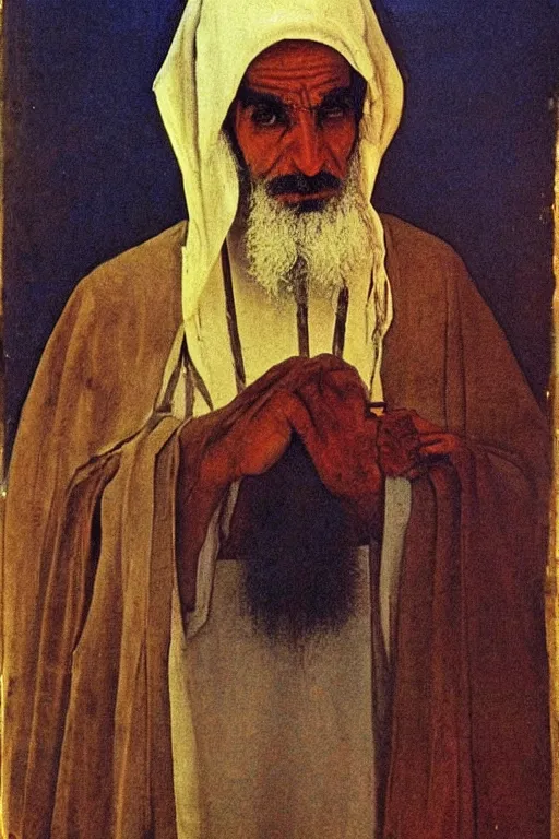 Image similar to a closer hero portrait of a a very old egyptian priest with very piercing eyes, very charismatic. in old egypt. masterpiece, dramatic light and shadow, saturated colors, ciaroscuro. painted by carl larsson