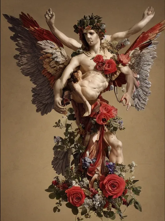 Prompt: a icarus with wings in the form of a Greek sculpture and wreath of flowers, roses in hands, dressed in a flower dress, stands in the pose of a super hero on a golden stone, silk, fabric, birds, flowers. red plastic. baroque elements, human skull. full-length view. baroque element. intricate artwork by caravaggio. many many birds birds on background. Trending on artstation. halo. octane render, cinematic, hyper realism, octane render, 8k, depth of field, bokeh. iridescent accents. vibrant. teal and gold and sakura color scheme