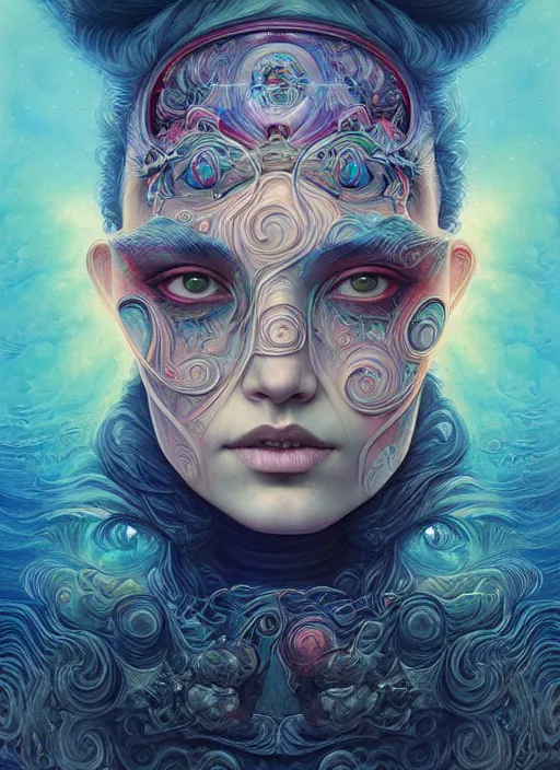 Image similar to hyper detailed masterpiece, psychedelic face tattoo pattern, jean giraud, digital art painting, dream wave aesthetic, ethereal, artgerm, donato giancola, tom bagshaw