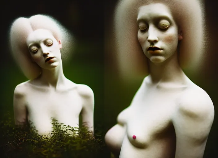 Prompt: cinestill 5 0 d photo portrait of a beautiful hybrid woman - statue in style of tim walker by roberto ferri, body skin weird marble, hair is intricate tulle, 5 0 mm lens, f 1. 2, sharp focus, ethereal, emotionally evoking, head in focus, bokeh volumetric lighting, tonal colors outdoor