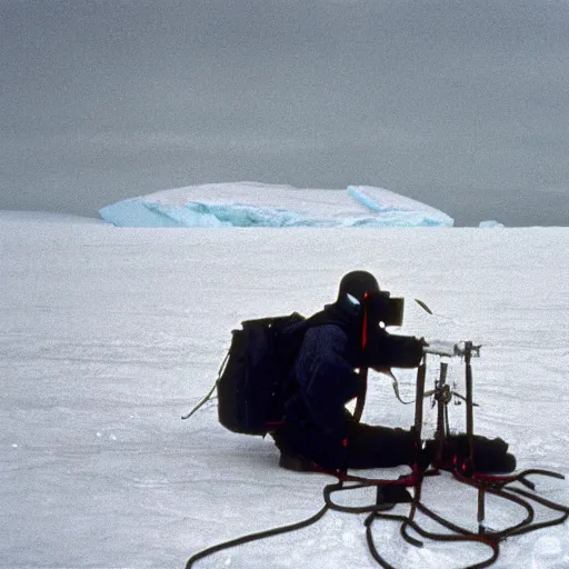 Image similar to a man wearing a hazmat suit and gasmask, in antarctica, film still, arriflex 3 5