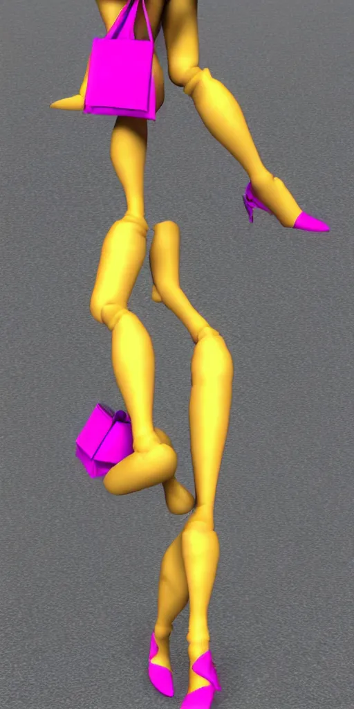 Prompt: 3d glitched malice yellow glitched legs doll carrying a pink fashion bag in a street city psx rendered early 90s net art n64