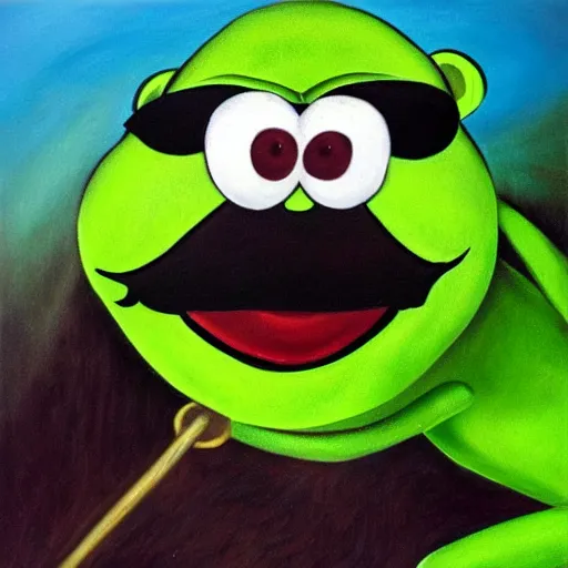 Image similar to portrait of kermit the frog with salvadore dali mustache, expressive oil painting