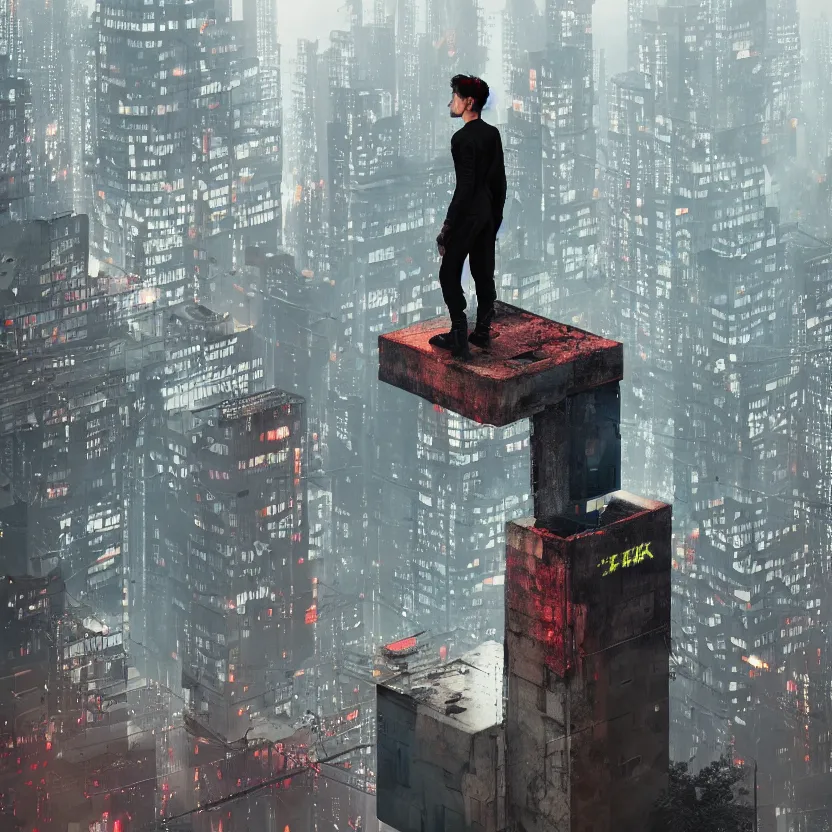 Image similar to a cyber boy ontop of a building, cyberpunk art by elsa bleda, by elsa bleda unsplash contest winner, aestheticism, dystopian art