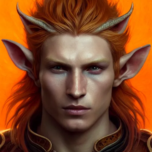 Image similar to portrait painting of an elven young man with short light orange hair and tribal tattoos on cheekbones wearing fur armor, ultra realistic, concept art, intricate details, eerie, highly detailed, photorealistic, octane render, 8 k, unreal engine. art by artgerm and greg rutkowski and charlie bowater and magali villeneuve and alphonse mucha